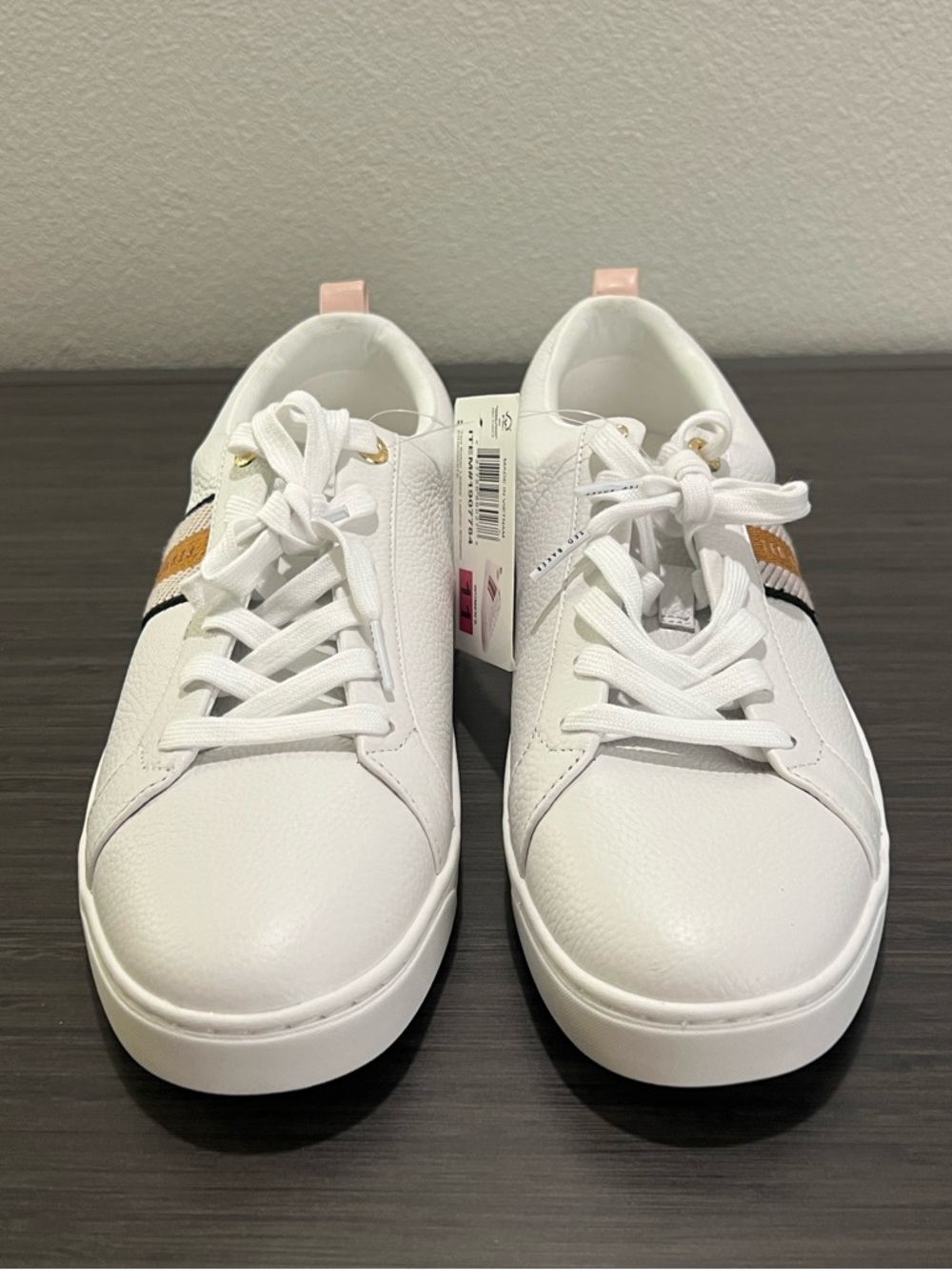 Ted Baker Leather Sneakers Women’s Size 11 White Pink Gold Stripe New Classic - Picture 3 of 9